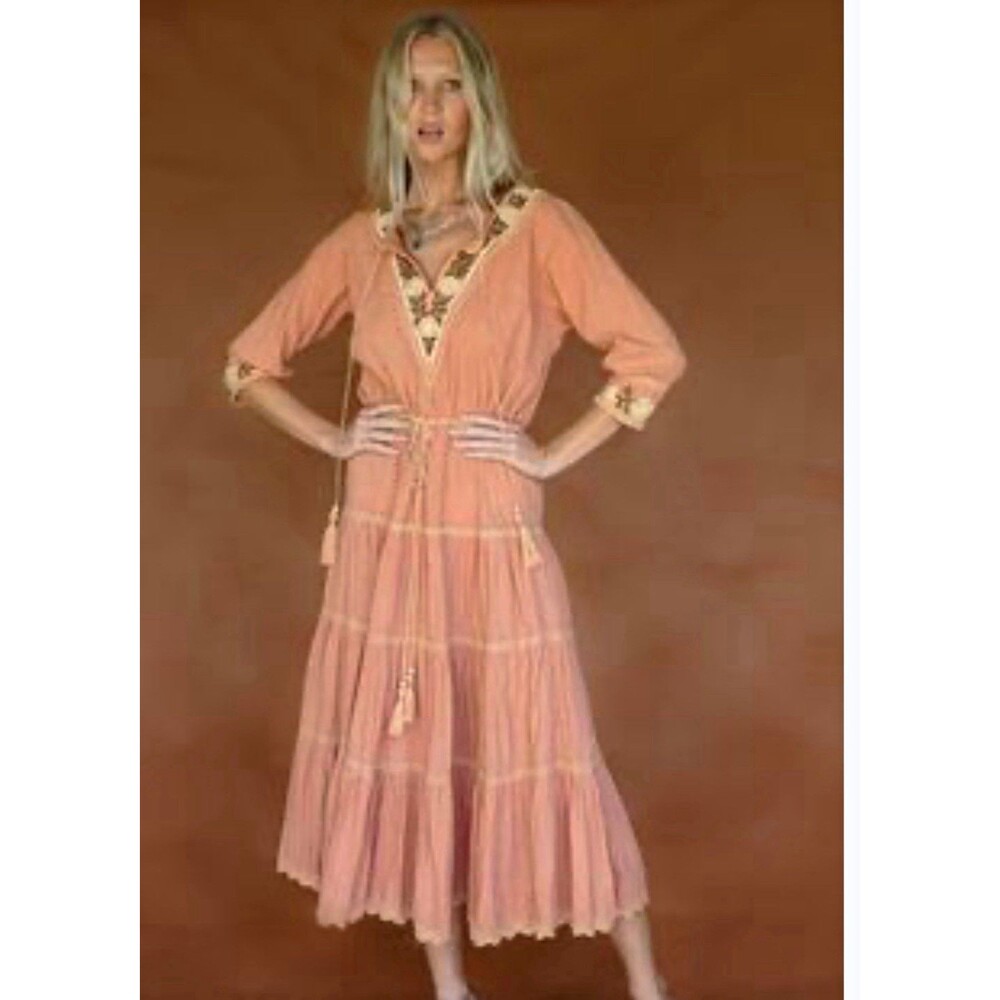 Chasing Unicorns Brown Embroidered V-Neck Tassel Tie Midi Dress Sz S